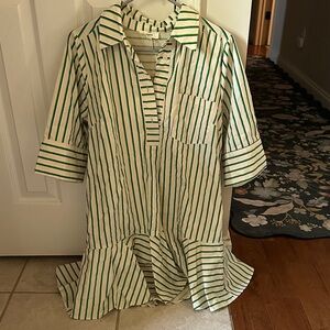 Entro Green and White Striped Button-Up Tunic Dress